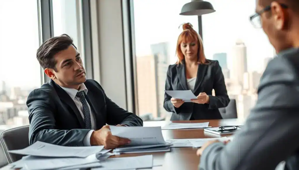 A tense negotiation scene depicting a dispute between an insurance adjuster and a concerned client in a modern office setting. The foreground shows a well-dressed man, looking frustrated, with paperwork scattered around him. The middle ground features an insurance professional, a woman in a tailored suit, calmly discussing the details. The background is filled with relevant elements like a city skyline visible through large windows and a sleek conference table. Soft, natural lighting filters through the windows, creating a professional atmosphere. The camera angle is slightly above eye level, enhancing the sense of tension and urgency in the scenario, emphasizing the emotional stakes in the conflict without any distractions or additional text elements.
