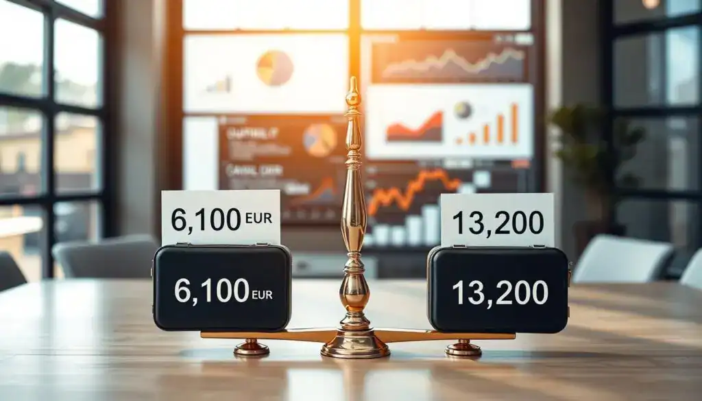 A visually engaging comparison of insurance offers featuring two distinct displays of policy amounts: 6,100 EUR and 13,200 EUR. In the foreground, an elegant scale balances two briefcases, each labeled with the corresponding amounts, symbolizing the financial aspects of the offers. The middle ground features a modern office setting, with a large window that brings in natural light, casting soft shadows. In the background, charts, and graphs are subtly displayed on a digital screen analyzing the offers, enhancing the professional atmosphere. The image should convey a sense of clarity and competence, emphasizing the importance of making informed financial decisions. Warm, inviting colors dominate the scene to create a focused and optimistic mood. A visually engaging comparison of insurance offers featuring two distinct displays of policy amounts: 6,100 EUR and 13,200 EUR. In the foreground, an elegant scale balances two briefcases, each labeled with the corresponding amounts, symbolizing the financial aspects of the offers. The middle ground features a modern office setting, with a large window that brings in natural light, casting soft shadows. In the background, charts, and graphs are subtly displayed on a digital screen analyzing the offers, enhancing the professional atmosphere. The image should convey a sense of clarity and competence, emphasizing the importance of making informed financial decisions. Warm, inviting colors dominate the scene to create a focused and optimistic mood.