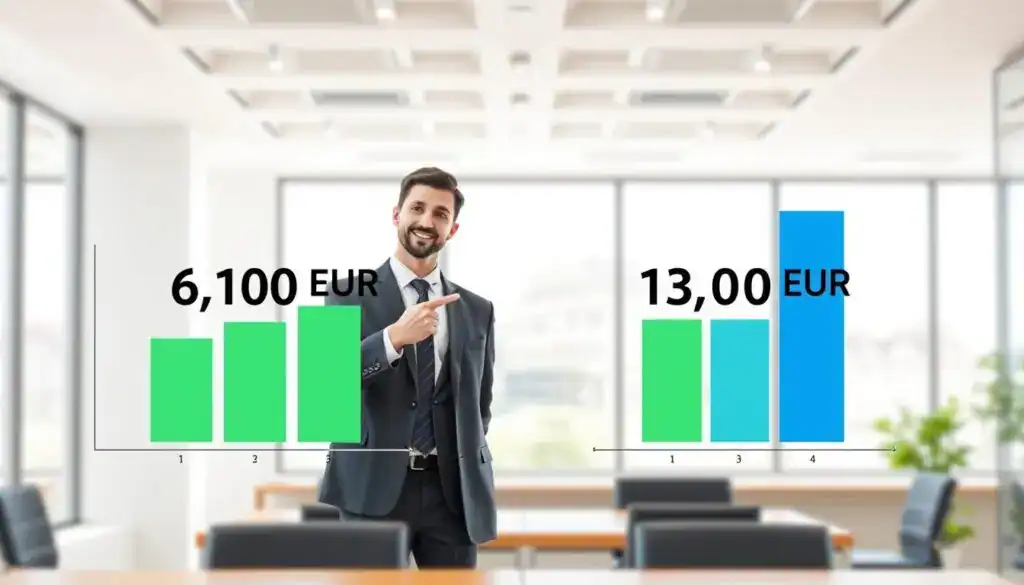 A visually engaging illustration for an insurance cost comparison. In the foreground, two clear and contrasting bar graphs represent two different insurance quotes, 6,100 EUR and 13,200 EUR, using vibrant colors like blue and green. In the middle ground, a professional-looking businessperson, dressed in smart attire, points towards the graphs with a thoughtful expression, illustrating the comparison process. The background features a modern office environment with a large window showing a bright day, promoting a sense of clarity and professionalism. The lighting is bright and evenly distributed, creating a welcoming atmosphere. The overall mood is analytical and informative, focusing on the comparison of insurance costs without any text or distractions.