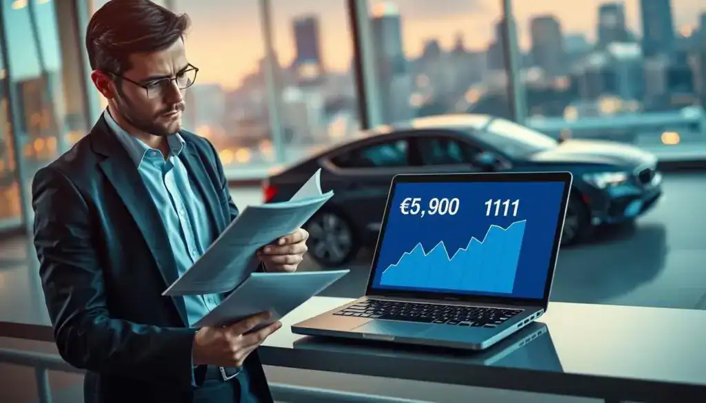 A visually engaging scene centered around vehicle insurance evaluation, showcasing two contrasting financial figures: €5,900 and €11,800. In the foreground, display a professional in business attire, reviewing documents with a thoughtful expression, emphasizing a sense of analysis and decision-making. The middle ground features a sleek, modern car, symbolizing the insured vehicle, with an open laptop displaying a digital graph comparing the two insurance quotes. In the background, a blurred cityscape suggests a financial hub, enhanced by dynamic lighting that conveys a serious, yet optimistic atmosphere. The image should be well-composed with a slight depth of field effect to focus attention on the central elements, creating a polished and professional look that reflects the subject matter effectively. A visually engaging scene centered around vehicle insurance evaluation, showcasing two contrasting financial figures: €5,900 and €11,800. In the foreground, display a professional in business attire, reviewing documents with a thoughtful expression, emphasizing a sense of analysis and decision-making. The middle ground features a sleek, modern car, symbolizing the insured vehicle, with an open laptop displaying a digital graph comparing the two insurance quotes. In the background, a blurred cityscape suggests a financial hub, enhanced by dynamic lighting that conveys a serious, yet optimistic atmosphere. The image should be well-composed with a slight depth of field effect to focus attention on the central elements, creating a polished and professional look that reflects the subject matter effectively.