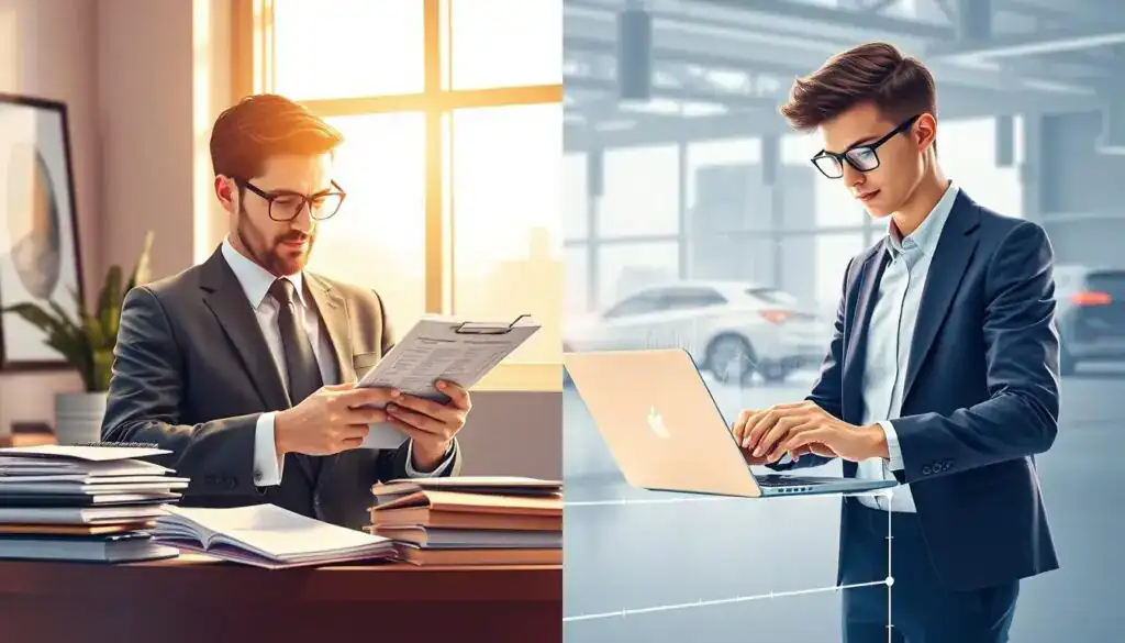 A visually engaging split-screen illustration depicting two contrasting methods of insurance valuation. On the left, represent a traditional, formal setting with a professional insurance adjuster in smart business attire, meticulously examining a clipboard filled with data, surrounded by stacks of documents and a calculator. A warm light streams through a window, casting a focused glow on the adjuster. On the right, depict a modern, digital approach with a young, tech-savvy analyst in casual business attire, working on a sleek laptop displaying graphs and charts, surrounded by futuristic technology and digital tools. The setting is bright and energetic, emphasizing innovation. In the background, faint images of different vehicles symbolize the insurance context. The overall atmosphere should convey professionalism and the evolution of valuation methods in insurance, avoiding any text or distractions. A visually engaging split-screen illustration depicting two contrasting methods of insurance valuation. On the left, represent a traditional, formal setting with a professional insurance adjuster in smart business attire, meticulously examining a clipboard filled with data, surrounded by stacks of documents and a calculator. A warm light streams through a window, casting a focused glow on the adjuster. On the right, depict a modern, digital approach with a young, tech-savvy analyst in casual business attire, working on a sleek laptop displaying graphs and charts, surrounded by futuristic technology and digital tools. The setting is bright and energetic, emphasizing innovation. In the background, faint images of different vehicles symbolize the insurance context. The overall atmosphere should convey professionalism and the evolution of valuation methods in insurance, avoiding any text or distractions.