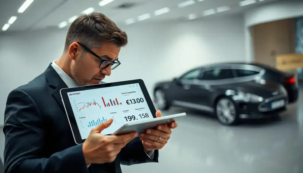 An expert automotive appraiser from the MOTOEXPERT team, dressed in a smart business suit, analyzing vehicle valuation data on a digital tablet. In the foreground, the appraiser focuses intently on the screen, showcasing graphs and figures that represent the valuation of €14,200. In the middle ground, a sleek car—perhaps a recent model, well-kept and polished—sits on display, symbolizing the subject of the evaluation. The background features a modern office environment with soft, diffused lighting, highlighting the professionalism of the scene. The atmosphere is serious yet optimistic, conveying trust and expertise in automotive appraisal. The lens is set to a slight angle, capturing both the appraiser's concentration and the impressive vehicle.