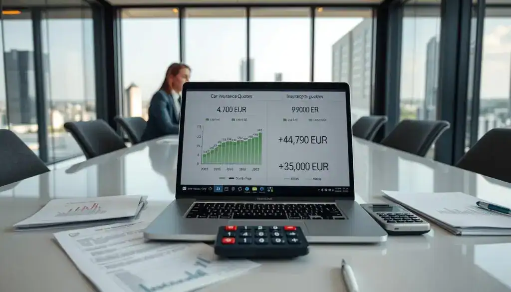 A business meeting scene focusing on car insurance analysis, featuring two professionals in business attire sitting at a sleek conference table. In the foreground, a laptop displays financial data charts comparing insurance quotes of 4,700 EUR and 9,900 EUR, with graphs and numbers clearly visible. The middle ground includes documents and a calculator scattered across the table, symbolizing thorough research and analysis. The background is a modern office with glass walls, a city skyline visible through the windows, and natural light streaming in, creating a bright and professional atmosphere. The image conveys a sense of seriousness and focus, reflecting the in-depth analysis of insurance costs, without any text, logos, or watermarks. A business meeting scene focusing on car insurance analysis, featuring two professionals in business attire sitting at a sleek conference table. In the foreground, a laptop displays financial data charts comparing insurance quotes of 4,700 EUR and 9,900 EUR, with graphs and numbers clearly visible. The middle ground includes documents and a calculator scattered across the table, symbolizing thorough research and analysis. The background is a modern office with glass walls, a city skyline visible through the windows, and natural light streaming in, creating a bright and professional atmosphere. The image conveys a sense of seriousness and focus, reflecting the in-depth analysis of insurance costs, without any text, logos, or watermarks.