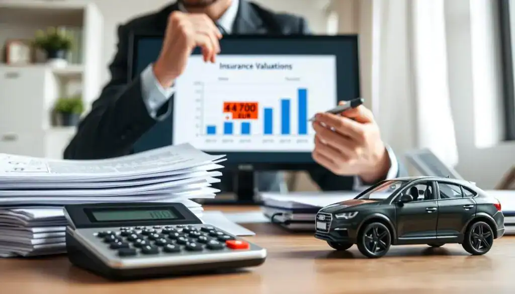 A close-up image of a financial analysis scene showcasing a calculator, a stack of insurance documents, and a small model of a car to symbolize vehicle insurance. In the foreground, a professional-looking person in business attire is analyzing the documents, holding a pen thoughtfully. The middle ground features a computer screen displaying a comparative graph of insurance valuations, with the values "4,700 EUR" highlighted in a contrasting color. The background includes a clean and modern office environment with soft, natural lighting filtering through a window, creating a focused and analytical atmosphere. The overall mood is serious and professional, emphasizing the theme of financial evaluation without distractions. A close-up image of a financial analysis scene showcasing a calculator, a stack of insurance documents, and a small model of a car to symbolize vehicle insurance. In the foreground, a professional-looking person in business attire is analyzing the documents, holding a pen thoughtfully. The middle ground features a computer screen displaying a comparative graph of insurance valuations, with the values "4,700 EUR" highlighted in a contrasting color. The background includes a clean and modern office environment with soft, natural lighting filtering through a window, creating a focused and analytical atmosphere. The overall mood is serious and professional, emphasizing the theme of financial evaluation without distractions.