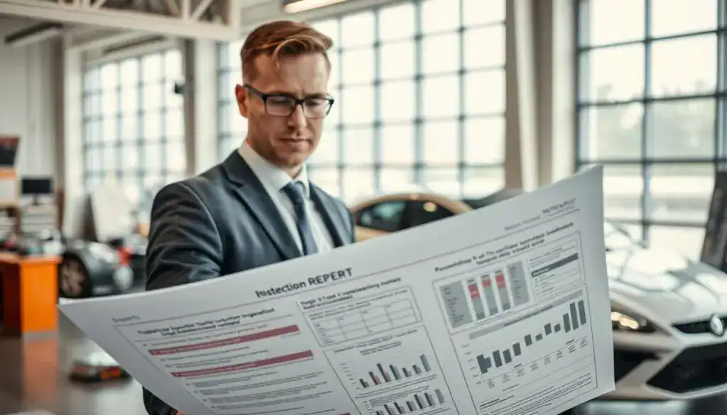 A confident automotive expert, depicted in a modern office setting, examines a vehicle's detailed inspection report. He is dressed in a smart business suit, exuding professionalism and expertise. The foreground features a close-up of the report, highlighting various sections with technical jargon and graphs. In the middle ground, the expert stands, surrounded by high-tech tools and equipment, showcasing a blend of thorough evaluation and modern technology. The background features large windows flooding the room with natural light, emphasizing clarity and trust. A sleek car is visible, parked beside a well-organized workspace. The mood is focused and professional, with a sense of diligence reflective of MOTOEXPERT's commitment to quality. A confident automotive expert, depicted in a modern office setting, examines a vehicle's detailed inspection report. He is dressed in a smart business suit, exuding professionalism and expertise. The foreground features a close-up of the report, highlighting various sections with technical jargon and graphs. In the middle ground, the expert stands, surrounded by high-tech tools and equipment, showcasing a blend of thorough evaluation and modern technology. The background features large windows flooding the room with natural light, emphasizing clarity and trust. A sleek car is visible, parked beside a well-organized workspace. The mood is focused and professional, with a sense of diligence reflective of MOTOEXPERT's commitment to quality.