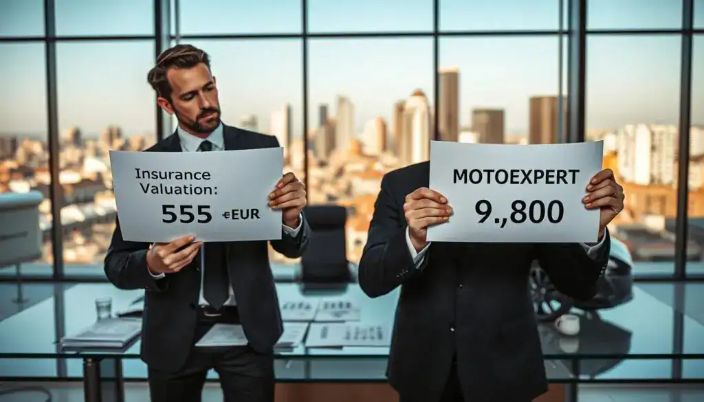 A contrasting scene depicting the differences in insurance valuations. In the foreground, a business professional in formal attire, holding two documents, one labeled "Insurance Valuation: 5,555 EUR" and the other "MOTOEXPERT Valuation: 9,800 EUR." The professional looks contemplative, analyzing both values. In the middle ground, a sleek modern office with a glass desk, charts, and financial reports spread out, indicating a financial evaluation atmosphere. The background features a large window displaying a city skyline, bathed in warm natural light, giving a sense of clarity and professionalism. The mood is analytical and serious, aimed at highlighting the critical distinctions between insurance quotes and expert assessments.