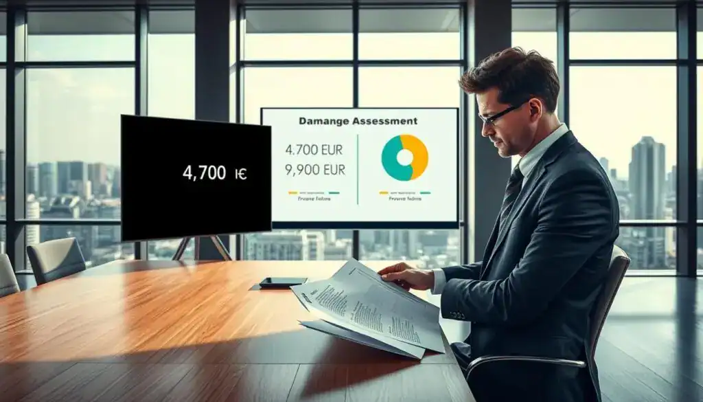 A detailed and professional scene illustrating the concept of insurance valuation, set in a modern office environment. In the foreground, a well-dressed insurance adjuster, male or female, is analyzing a document titled "Damage Assessment" on a sleek wooden desk. The middle ground features a large presentation screen displaying contrasting valuation figures—4,700 EUR versus 9,900 EUR—accompanied by a pie chart. In the background, a sophisticated office view with large windows showcases a city skyline, allowing ample natural light to fill the space. The atmosphere is serious and focused, reflecting an atmosphere of critical evaluation and analysis, with soft shadows and professional lighting accentuating the details. The image should be free of any text, ensuring clarity in the visual depiction of the valuation process. A detailed and professional scene illustrating the concept of insurance valuation, set in a modern office environment. In the foreground, a well-dressed insurance adjuster, male or female, is analyzing a document titled "Damage Assessment" on a sleek wooden desk. The middle ground features a large presentation screen displaying contrasting valuation figures—4,700 EUR versus 9,900 EUR—accompanied by a pie chart. In the background, a sophisticated office view with large windows showcases a city skyline, allowing ample natural light to fill the space. The atmosphere is serious and focused, reflecting an atmosphere of critical evaluation and analysis, with soft shadows and professional lighting accentuating the details. The image should be free of any text, ensuring clarity in the visual depiction of the valuation process.