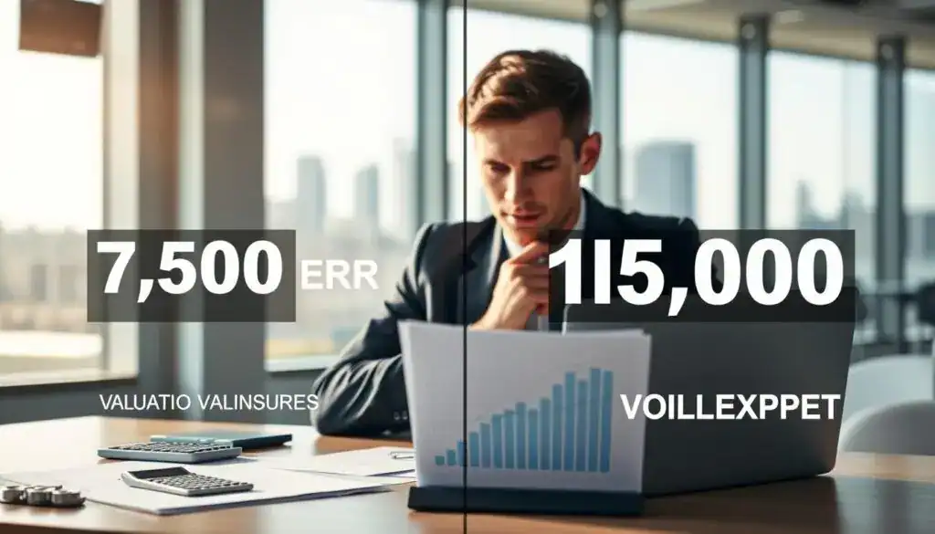 A detailed comparison image illustrating two valuation amounts side by side. On the left, a highlighted figure of 7,500 EUR representing the insurer's valuation, and on the right, a bold number 15,000 EUR showcasing MOTOEXPERT's valuation. The foreground features a modern office desk with business papers, a calculator, and a laptop displaying graphs illustrating the valuations. In the middle ground, a professional person in business attire examines the documents with a thoughtful expression. The background shows a blurred skyline, symbolizing a corporate environment, with soft natural light streaming in from large windows, creating a clear, focused atmosphere. Aim for a corporate and analytical mood, evoking professionalism and clarity. A detailed comparison image illustrating two valuation amounts side by side. On the left, a highlighted figure of 7,500 EUR representing the insurer's valuation, and on the right, a bold number 15,000 EUR showcasing MOTOEXPERT's valuation. The foreground features a modern office desk with business papers, a calculator, and a laptop displaying graphs illustrating the valuations. In the middle ground, a professional person in business attire examines the documents with a thoughtful expression. The background shows a blurred skyline, symbolizing a corporate environment, with soft natural light streaming in from large windows, creating a clear, focused atmosphere. Aim for a corporate and analytical mood, evoking professionalism and clarity.