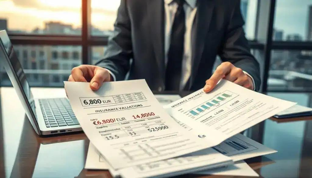 A detailed insurance valuation scene depicting a professional setting. In the foreground, a business person in formal attire examines a set of documents with insurance calculations and figures clearly visible, showcasing two contrasting valuations: 6,800 EUR and 14,200 EUR. The middle layer features a modern office desk with a laptop open, displaying detailed graphs and charts of insurance comparisons. In the background, large windows let in soft natural light, creating a serene atmosphere with city buildings subtly visible. The scene should convey a mood of thoughtful analysis and professionalism, emphasizing the importance of accurate valuations in decision-making. A detailed insurance valuation scene depicting a professional setting. In the foreground, a business person in formal attire examines a set of documents with insurance calculations and figures clearly visible, showcasing two contrasting valuations: 6,800 EUR and 14,200 EUR. The middle layer features a modern office desk with a laptop open, displaying detailed graphs and charts of insurance comparisons. In the background, large windows let in soft natural light, creating a serene atmosphere with city buildings subtly visible. The scene should convey a mood of thoughtful analysis and professionalism, emphasizing the importance of accurate valuations in decision-making.