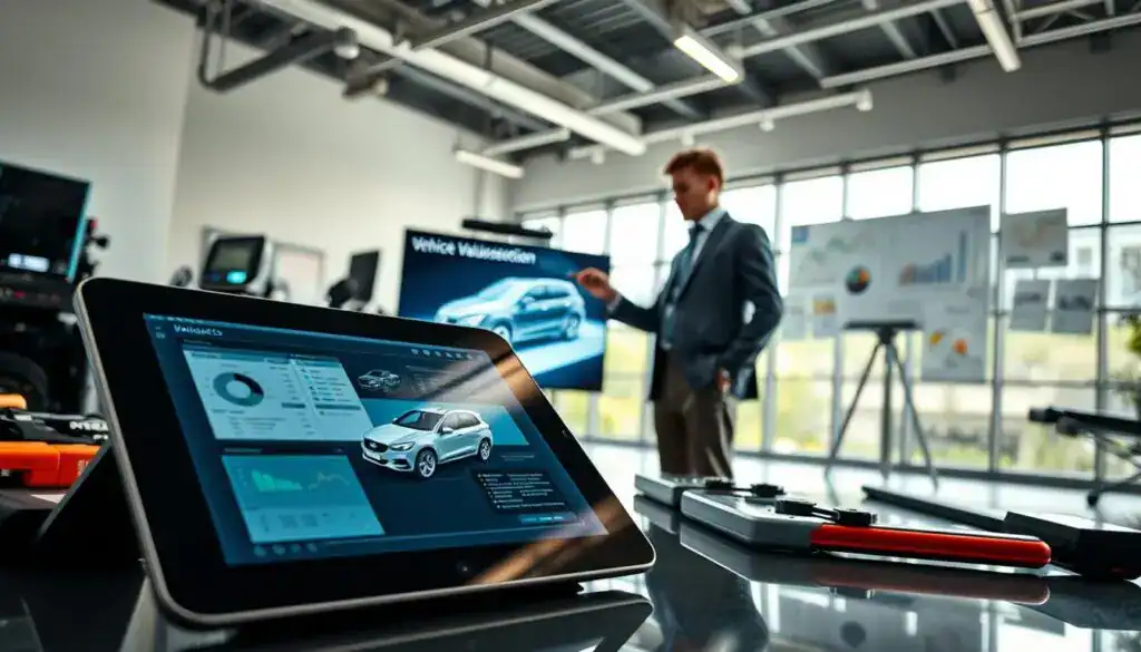 A modern office environment showcasing advanced vehicle valuation technologies. In the foreground, a sleek digital tablet displaying a graphical interface with vehicle data, surrounded by various automotive tools. In the middle ground, a professional in business attire analyzes a 3D vehicle model on a large screen, highlighting innovative software. The background features a bright and spacious room with large windows, allowing natural light to illuminate high-tech equipment and charts on the walls. The mood is focused and efficient, emphasizing collaboration and cutting-edge technology in vehicle assessment. The angle captures both the immersive work environment and the technological tools, creating a dynamic atmosphere of innovation and professionalism.
