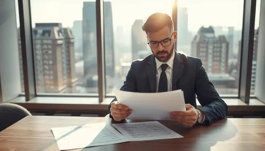 A modern office setting focused on auto insurance evaluations. In the foreground, a business professional in a well-fitted suit examines two insurance documents on a sleek wooden desk, looking thoughtful and contemplative. The middle section features a detailed calculation sheet showing differing amounts, such as 5,300 EUR and 12,000 EUR, illustrating the disparity in valuations. In the background, a large window reveals a cityscape bathed in soft, natural sunlight, casting a warm glow across the scene. The mood is serious yet hopeful, emphasizing the importance of informed decision-making in insurance choices. The image should be clean and professional, with no text or distractions. A modern office setting focused on auto insurance evaluations. In the foreground, a business professional in a well-fitted suit examines two insurance documents on a sleek wooden desk, looking thoughtful and contemplative. The middle section features a detailed calculation sheet showing differing amounts, such as 5,300 EUR and 12,000 EUR, illustrating the disparity in valuations. In the background, a large window reveals a cityscape bathed in soft, natural sunlight, casting a warm glow across the scene. The mood is serious yet hopeful, emphasizing the importance of informed decision-making in insurance choices. The image should be clean and professional, with no text or distractions.