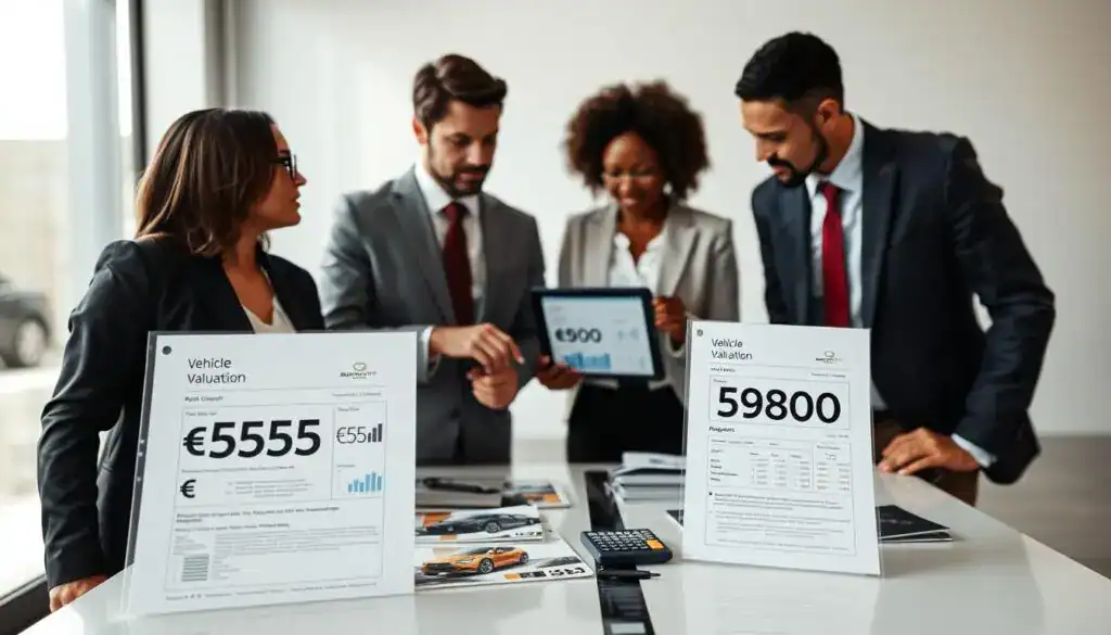 A professional and modern office environment showcases a side-by-side comparison of two vehicle valuation reports, one prominently displaying "5555 EUR" and the other "9800 EUR." In the foreground, a diverse group of three individuals in business attire engage in a discussion, analyzing the reports. One person points at a digital tablet showing charts and graphs related to vehicle pricing. In the middle ground, a sleek, contemporary desk is cluttered with automotive brochures and calculators, emphasizing meticulous analysis. The background features a large window allowing soft, natural light to flood the space, creating a calm yet focused atmosphere. The overall mood is one of professionalism and critical evaluation, highlighting real customer experiences with vehicle valuations. A professional and modern office environment showcases a side-by-side comparison of two vehicle valuation reports, one prominently displaying "5555 EUR" and the other "9800 EUR." In the foreground, a diverse group of three individuals in business attire engage in a discussion, analyzing the reports. One person points at a digital tablet showing charts and graphs related to vehicle pricing. In the middle ground, a sleek, contemporary desk is cluttered with automotive brochures and calculators, emphasizing meticulous analysis. The background features a large window allowing soft, natural light to flood the space, creating a calm yet focused atmosphere. The overall mood is one of professionalism and critical evaluation, highlighting real customer experiences with vehicle valuations.