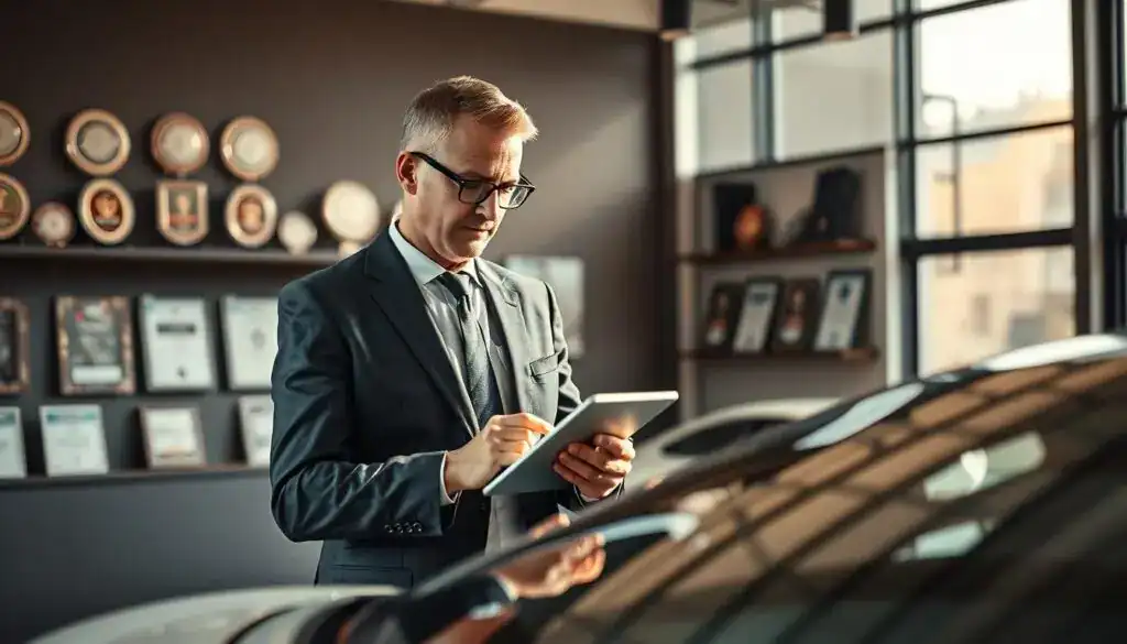A professional and modern scene depicting a car appraisal expert, referred to as "rzeczoznawca MOTOEXPERT." In the foreground, a middle-aged man dressed in a smart, tailored business suit examines a sleek sports car, using a digital tablet to assess its condition. He has short, neatly combed hair and wears glasses. In the middle ground, a stylish office environment is visible, featuring shelves filled with automotive awards and certifications. A large window in the background allows natural light to flood the room, casting soft shadows. The atmosphere is one of professionalism and trust, with a warm color palette. The focus is sharp on the expert and the car, with a slight depth of field blurring the background for emphasis. A professional and modern scene depicting a car appraisal expert, referred to as "rzeczoznawca MOTOEXPERT." In the foreground, a middle-aged man dressed in a smart, tailored business suit examines a sleek sports car, using a digital tablet to assess its condition. He has short, neatly combed hair and wears glasses. In the middle ground, a stylish office environment is visible, featuring shelves filled with automotive awards and certifications. A large window in the background allows natural light to flood the room, casting soft shadows. The atmosphere is one of professionalism and trust, with a warm color palette. The focus is sharp on the expert and the car, with a slight depth of field blurring the background for emphasis.