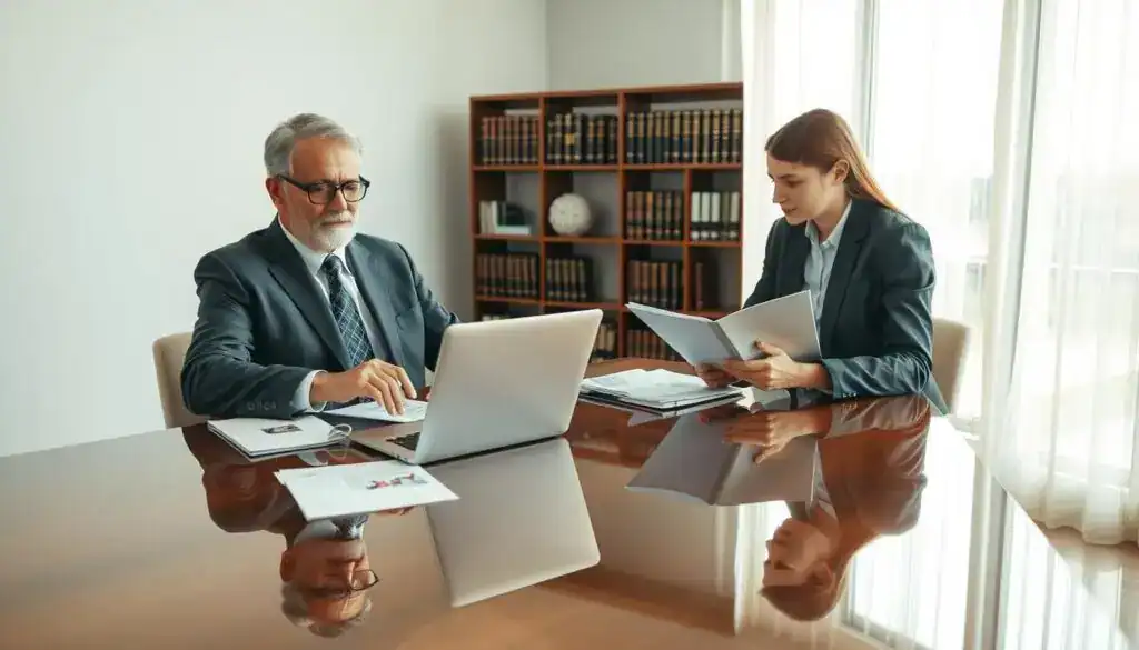 A professional and serene office setting depicting an insurance adjuster and a client discussing vehicle damage assessments. In the foreground, the insurance adjuster, a middle-aged individual in a smart suit, reviews documents on a wooden desk with a laptop open, showing images of vehicle damage. The client, a young adult dressed in business casual, listens attentively while looking at an insurance brochure. The middle ground features a large window pouring in soft, natural light that illuminates the room and reflects on the glossy desk surface. In the background, a bookshelf filled with legal and insurance-related texts adds context. The overall mood is one of professionalism and trust, emphasizing the importance of support in understanding costs related to vehicle repairs. A professional and serene office setting depicting an insurance adjuster and a client discussing vehicle damage assessments. In the foreground, the insurance adjuster, a middle-aged individual in a smart suit, reviews documents on a wooden desk with a laptop open, showing images of vehicle damage. The client, a young adult dressed in business casual, listens attentively while looking at an insurance brochure. The middle ground features a large window pouring in soft, natural light that illuminates the room and reflects on the glossy desk surface. In the background, a bookshelf filled with legal and insurance-related texts adds context. The overall mood is one of professionalism and trust, emphasizing the importance of support in understanding costs related to vehicle repairs.