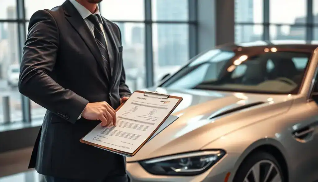 A professional auto appraiser, dressed in smart business attire, stands confidently next to a well-maintained luxury car. The foreground features the appraiser holding a clipboard with a detailed inspection report, showcasing his expertise. In the middle, the luxury car gleams under soft, natural lighting, highlighting its sleek lines and high-quality finish. The background features a modern, well-lit office environment with a large window showing a bustling cityscape. The atmosphere conveys a sense of professionalism and trust, emphasizing the appraisal process. The angle is slightly elevated, capturing the appraiser's authoritative stance and the car's elegance, creating a compelling image that showcases MOTOEXPERT as a reliable alternative in vehicle valuation. A professional auto appraiser, dressed in smart business attire, stands confidently next to a well-maintained luxury car. The foreground features the appraiser holding a clipboard with a detailed inspection report, showcasing his expertise. In the middle, the luxury car gleams under soft, natural lighting, highlighting its sleek lines and high-quality finish. The background features a modern, well-lit office environment with a large window showing a bustling cityscape. The atmosphere conveys a sense of professionalism and trust, emphasizing the appraisal process. The angle is slightly elevated, capturing the appraiser's authoritative stance and the car's elegance, creating a compelling image that showcases MOTOEXPERT as a reliable alternative in vehicle valuation.
