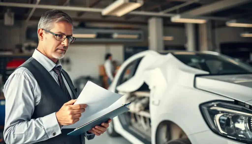 A professional automotive appraiser at work, focusing on a damaged car in a well-lit garage. In the foreground, a middle-aged man in a smart business attire examines the vehicle with a clipboard in hand, showing a serious and analytical expression. In the middle, the car has visible signs of damage, with parts being carefully inspected and paperwork scattered around. The background features tools and equipment related to automobile assessment, creating a realistic workshop environment. Soft, natural lighting enhances the mood, highlighting the professionalism and seriousness of the appraisal process. The scene conveys a sense of trust and expertise essential in the role of an automotive appraiser during damage assessment. A professional automotive appraiser at work, focusing on a damaged car in a well-lit garage. In the foreground, a middle-aged man in a smart business attire examines the vehicle with a clipboard in hand, showing a serious and analytical expression. In the middle, the car has visible signs of damage, with parts being carefully inspected and paperwork scattered around. The background features tools and equipment related to automobile assessment, creating a realistic workshop environment. Soft, natural lighting enhances the mood, highlighting the professionalism and seriousness of the appraisal process. The scene conveys a sense of trust and expertise essential in the role of an automotive appraiser during damage assessment.