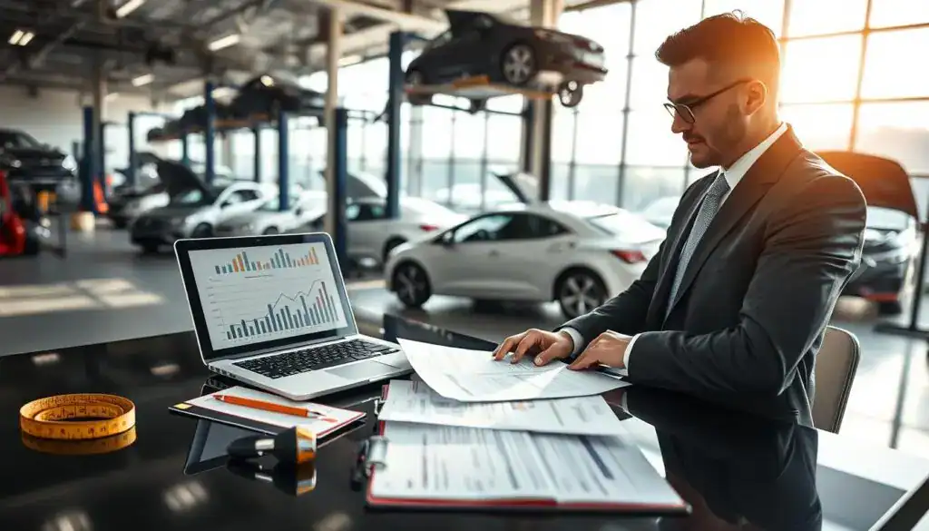 A professional automotive appraiser at work, surrounded by tools and documents. In the foreground, a confident male appraiser in a smart business suit, analyzing a set of automotive valuation reports on a sleek black desk. The middle ground features an open laptop displaying graphs and charts, with a clipboard and a measuring tape laid out beside it. In the background, a large window reveals a sunny sky over a busy car repair shop, with various vehicles being repaired. Soft natural light filters in, creating a bright and focused atmosphere, emphasizing professionalism and expertise in automotive valuation. The scene is captured from a slightly elevated angle to give depth and context. A professional automotive appraiser at work, surrounded by tools and documents. In the foreground, a confident male appraiser in a smart business suit, analyzing a set of automotive valuation reports on a sleek black desk. The middle ground features an open laptop displaying graphs and charts, with a clipboard and a measuring tape laid out beside it. In the background, a large window reveals a sunny sky over a busy car repair shop, with various vehicles being repaired. Soft natural light filters in, creating a bright and focused atmosphere, emphasizing professionalism and expertise in automotive valuation. The scene is captured from a slightly elevated angle to give depth and context.