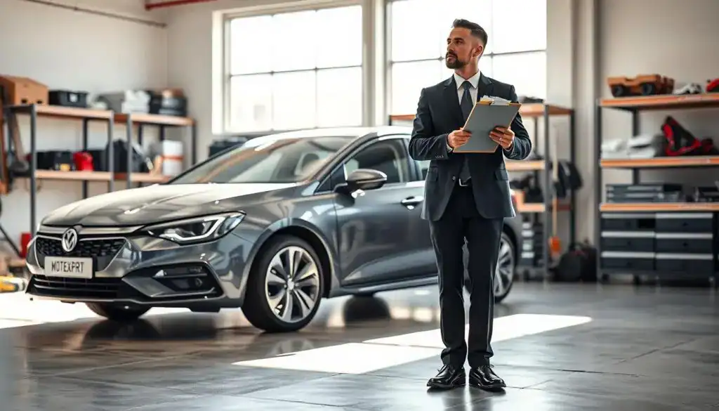 A professional automotive appraiser, dressed in business attire, stands thoughtfully examining a vehicle in a well-lit garage. In the foreground, the appraiser holds a clipboard filled with detailed assessment notes about the car's condition. The middle ground features the vehicle itself, a shiny, modern car model, positioned on a polished concrete floor, highlighting its features. In the background, shelves filled with automotive tools and equipment create a workshop ambiance. Soft, natural light floods through a large window, casting gentle shadows that emphasize the professionalism of the scene. The atmosphere conveys seriousness and expertise, reflecting the thoroughness of the MOTOEXPERT valuation process. The entire composition is clean, focused, and free of distractions or text.