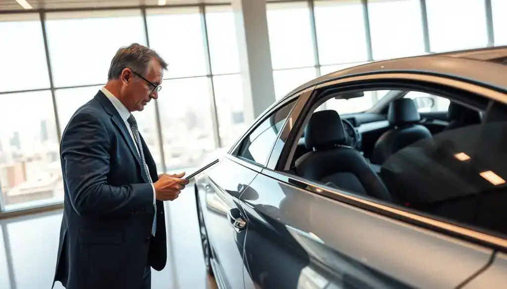 A professional automotive appraiser from MOTOEXPERT is meticulously assessing a car in a well-lit, modern office environment. In the foreground, the appraiser, a middle-aged individual in smart business attire, examines the vehicle’s interior with a focused expression. The middle section reveals a sleek, shiny car positioned on a clean, polished surface, with visible details like leather seats and a modern dashboard. In the background, large windows allow natural light to flood the room, showcasing cityscapes outside, contributing to a professional and optimistic atmosphere. The overall mood reflects professionalism, expertise, and trustworthiness, emphasizing the value of accurate vehicle appraisal. The image is captured with a wide-angle lens to encompass both the appraiser and the car in a harmonious composition while ensuring clarity and focus. A professional automotive appraiser from MOTOEXPERT is meticulously assessing a car in a well-lit, modern office environment. In the foreground, the appraiser, a middle-aged individual in smart business attire, examines the vehicle’s interior with a focused expression. The middle section reveals a sleek, shiny car positioned on a clean, polished surface, with visible details like leather seats and a modern dashboard. In the background, large windows allow natural light to flood the room, showcasing cityscapes outside, contributing to a professional and optimistic atmosphere. The overall mood reflects professionalism, expertise, and trustworthiness, emphasizing the value of accurate vehicle appraisal. The image is captured with a wide-angle lens to encompass both the appraiser and the car in a harmonious composition while ensuring clarity and focus.