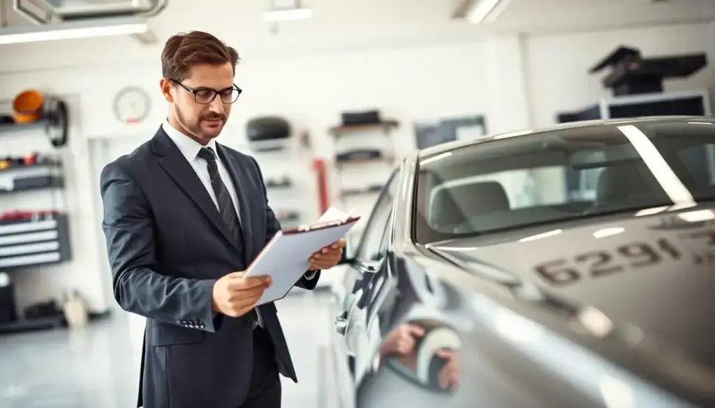 A professional automotive appraiser, wearing a tailored suit, meticulously examines a luxury car in a bright, well-lit garage. In the foreground, he holds a clipboard filled with notes and evaluation criteria, demonstrating focus and expertise. The background showcases various tools and equipment used in vehicle assessments, creating a sense of authenticity. The soft lighting highlights the gleaming surface of the car, emphasizing its features. The camera angle is slightly above eye level, providing a comprehensive view of the scene. The mood is analytical and serious, reflecting the importance of accurate vehicle valuation. The overall atmosphere conveys professionalism and trustworthiness in the appraisal process without any distractions. A professional automotive appraiser, wearing a tailored suit, meticulously examines a luxury car in a bright, well-lit garage. In the foreground, he holds a clipboard filled with notes and evaluation criteria, demonstrating focus and expertise. The background showcases various tools and equipment used in vehicle assessments, creating a sense of authenticity. The soft lighting highlights the gleaming surface of the car, emphasizing its features. The camera angle is slightly above eye level, providing a comprehensive view of the scene. The mood is analytical and serious, reflecting the importance of accurate vehicle valuation. The overall atmosphere conveys professionalism and trustworthiness in the appraisal process without any distractions.