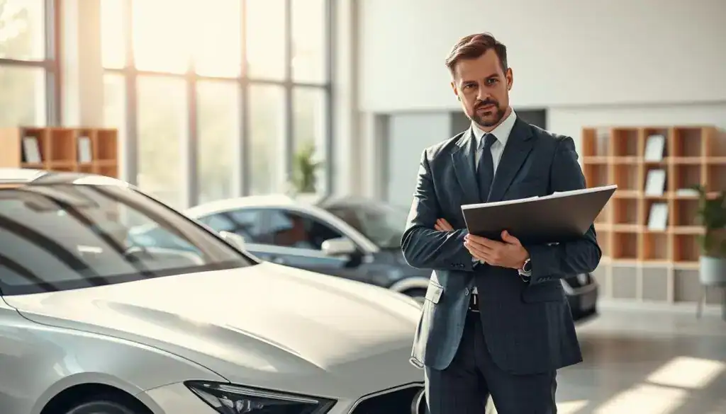 A professional automotive expert assessing vehicle value, standing confidently beside a sleek, modern car in an office environment. The foreground features the expert, dressed in a sharp business suit, analyzing documents on a clipboard, with a thoughtful expression. In the middle, the sophisticated car gleams under soft, natural lighting, showcasing its design details. The background consists of a well-organized office space with a large window that allows sunlight to stream in, creating a bright and inviting atmosphere. The setting conveys a sense of expertise and professionalism, emphasizing the evaluation process. The overall mood should be serious and focused, highlighting the importance of accurate vehicle appraisals while maintaining a sleek and modern aesthetic. A professional automotive expert assessing vehicle value, standing confidently beside a sleek, modern car in an office environment. The foreground features the expert, dressed in a sharp business suit, analyzing documents on a clipboard, with a thoughtful expression. In the middle, the sophisticated car gleams under soft, natural lighting, showcasing its design details. The background consists of a well-organized office space with a large window that allows sunlight to stream in, creating a bright and inviting atmosphere. The setting conveys a sense of expertise and professionalism, emphasizing the evaluation process. The overall mood should be serious and focused, highlighting the importance of accurate vehicle appraisals while maintaining a sleek and modern aesthetic.
