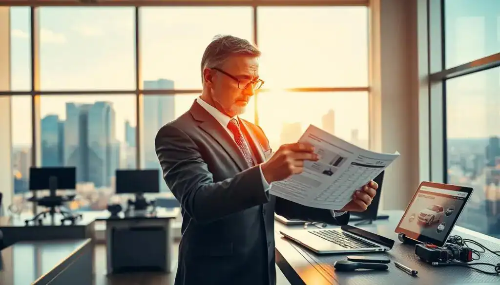 A professional automotive expert, depicted as a middle-aged male in a well-fitted suit, is standing in a modern, well-lit office. He is examining a car valuation report on a sleek metal desk filled with automotive tools and a laptop displaying vehicle specifications. In the background, a large window showcases a view of a cityscape with skyscrapers under a clear blue sky. The atmosphere is one of focus and expertise, with warm natural light illuminating the scene. The camera angle captures the expert in a dynamic three-quarters view, emphasizing his engaged expression as he assesses vehicle values. The overall mood reflects professionalism and precision in automotive valuation. A professional automotive expert, depicted as a middle-aged male in a well-fitted suit, is standing in a modern, well-lit office. He is examining a car valuation report on a sleek metal desk filled with automotive tools and a laptop displaying vehicle specifications. In the background, a large window showcases a view of a cityscape with skyscrapers under a clear blue sky. The atmosphere is one of focus and expertise, with warm natural light illuminating the scene. The camera angle captures the expert in a dynamic three-quarters view, emphasizing his engaged expression as he assesses vehicle values. The overall mood reflects professionalism and precision in automotive valuation.