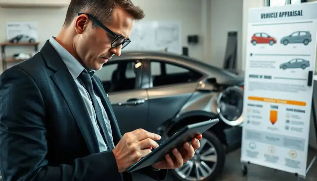 A professional automotive expert, depicted in a modern office setting, closely examining vehicle damage with a digital tablet and a magnifying glass. The foreground features a well-dressed man in a tailored suit, wearing glasses, who is focused on the task at hand. In the middle ground, a partially damaged car is visible, with detailed close-ups of scratches and dents highlighted. The background showcases a neatly organized workspace with blueprints, car parts, and an infographic display about vehicle valuation. The room is illuminated with soft, natural light, creating a calm and professional atmosphere. The image conveys expertise, attention to detail, and the importance of accurate vehicle appraisal within the industry. A professional automotive expert, depicted in a modern office setting, closely examining vehicle damage with a digital tablet and a magnifying glass. The foreground features a well-dressed man in a tailored suit, wearing glasses, who is focused on the task at hand. In the middle ground, a partially damaged car is visible, with detailed close-ups of scratches and dents highlighted. The background showcases a neatly organized workspace with blueprints, car parts, and an infographic display about vehicle valuation. The room is illuminated with soft, natural light, creating a calm and professional atmosphere. The image conveys expertise, attention to detail, and the importance of accurate vehicle appraisal within the industry.