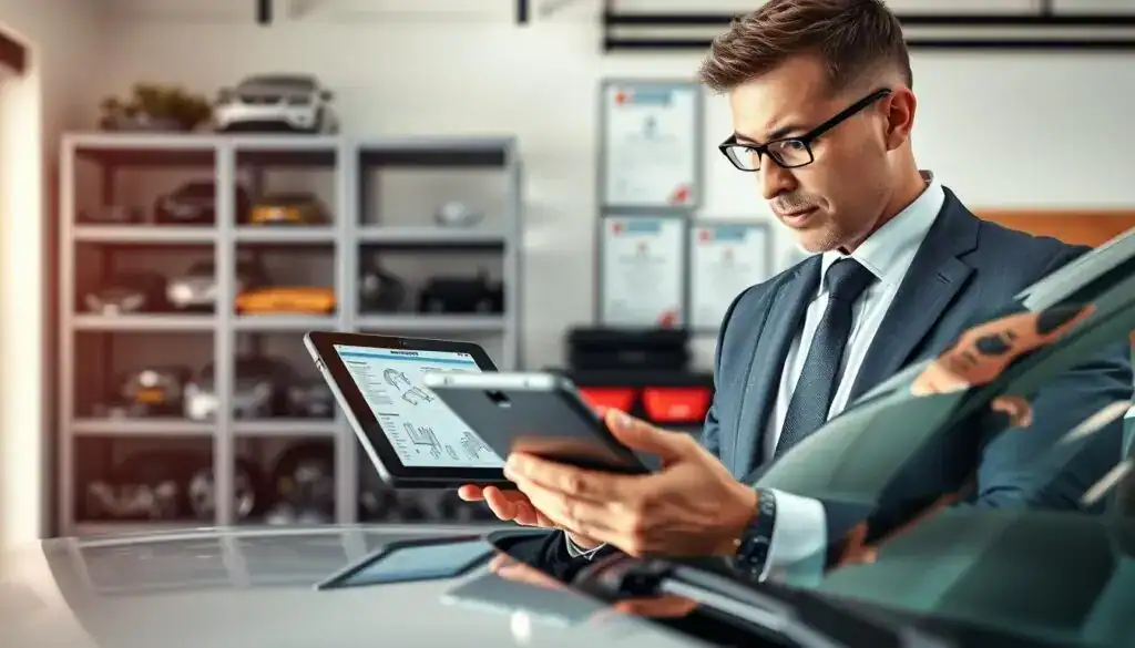 A professional automotive expert, dressed in a sharp business suit, is meticulously inspecting a car in a well-lit office environment. The expert holds a digital tablet, analyzing the vehicle's details, with automotive diagrams and reports displayed on the screen. In the background, shelves filled with car parts and certifications highlight the expertise of MOTOEXPERT. Soft natural light filters through a window, creating a polished, professional atmosphere that conveys trust and reliability. The focus is on the expert's concentrated expression and precise movements as they assess the vehicle's condition, emphasizing their role as a knowledgeable evaluator.