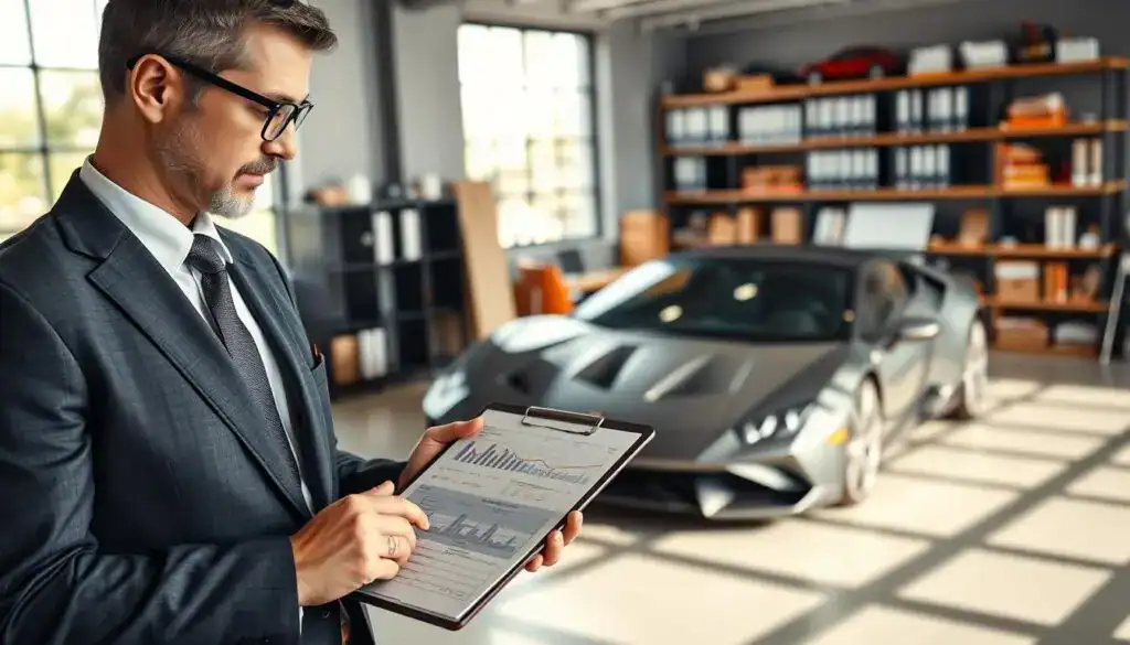 A professional automotive expert, dressed in a tailored business suit, examines a car with a precise gaze. In the foreground, the expert holds a tablet displaying detailed vehicle assessment data, while a clipboard with charts and reports is also present. The middle ground features a sleek car parked in a well-lit office environment, highlighting its condition under bright, natural lighting from large windows. In the background, shelves filled with reference books and automotive tools create an atmosphere of credibility and expertise. The overall mood is serious yet focused, representing the importance of reliable appraisers in insurance evaluations. The scene captures the essence of professional integrity and thoroughness in automotive assessment, ensuring clarity and understanding of the appraisal process.
