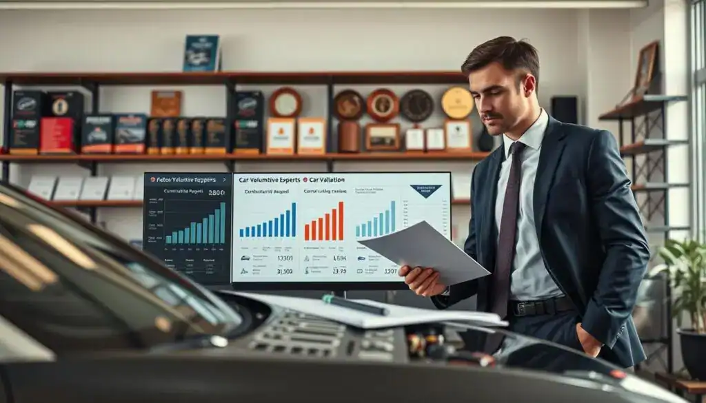 A professional automotive expert, dressed in a tailored business suit, examines a sleek, modern car in a well-lit office environment. In the foreground, a workstation is cluttered with automotive tools and valuation reports. The middle ground features the expert focused on a high-resolution display showing detailed car valuation graphs and figures. In the background, shelves are lined with automotive manuals and industry awards, reflecting a sense of expertise and trustworthiness. Soft, natural lighting from large windows creates an inviting atmosphere, while an overhead shot captures the dynamic interaction between the expert and the technology. The mood is serious yet optimistic, conveying professionalism and reliability in vehicle valuation. A professional automotive expert, dressed in a tailored business suit, examines a sleek, modern car in a well-lit office environment. In the foreground, a workstation is cluttered with automotive tools and valuation reports. The middle ground features the expert focused on a high-resolution display showing detailed car valuation graphs and figures. In the background, shelves are lined with automotive manuals and industry awards, reflecting a sense of expertise and trustworthiness. Soft, natural lighting from large windows creates an inviting atmosphere, while an overhead shot captures the dynamic interaction between the expert and the technology. The mood is serious yet optimistic, conveying professionalism and reliability in vehicle valuation.
