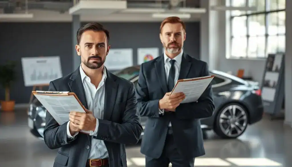 A professional automotive expert, dressed in a tailored dark business suit and crisp white shirt, stands confidently in the foreground, holding a clipboard with detailed vehicle assessment notes. His expression is serious, reflecting his expertise in evaluating vehicles. In the middle ground, a sleek car, exhibiting modern design and gleaming paint, serves as the focal point, symbolizing the high-value assessment process. The background features an office environment with car-related documents and charts on the walls, casting a subtle ambiance of professionalism and trust. Soft, natural lighting filters in through large windows, highlighting the expert’s authoritative stance. The composition captures a sense of diligence and reliability, emphasizing the importance of accurate vehicle evaluations. A professional automotive expert, dressed in a tailored dark business suit and crisp white shirt, stands confidently in the foreground, holding a clipboard with detailed vehicle assessment notes. His expression is serious, reflecting his expertise in evaluating vehicles. In the middle ground, a sleek car, exhibiting modern design and gleaming paint, serves as the focal point, symbolizing the high-value assessment process. The background features an office environment with car-related documents and charts on the walls, casting a subtle ambiance of professionalism and trust. Soft, natural lighting filters in through large windows, highlighting the expert’s authoritative stance. The composition captures a sense of diligence and reliability, emphasizing the importance of accurate vehicle evaluations.