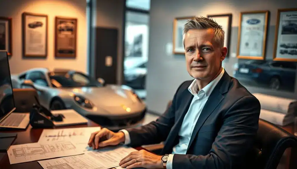 A professional automotive expert, known as "rzeczoznawca MOTOEXPERT," is seated at an elegant desk covered with car documents, blueprints, and valuation tools. He is a middle-aged man with short, neatly combed hair, wearing a tailored navy suit and a crisp white shirt. The setting features a warm, ambient light illuminating the room, highlighting framed automotive certifications on the wall. In the background, a window reveals a glimpse of a modern garage with sleek cars. The image captures a serious yet approachable mood, emphasizing expertise and trustworthiness in vehicle assessment, fitting the theme of evaluating insurance versus expert valuations. The perspective is a three-quarters angle to showcase the expert, the desk, and the background seamlessly, ensuring clarity and focus on the subject. A professional automotive expert, known as "rzeczoznawca MOTOEXPERT," is seated at an elegant desk covered with car documents, blueprints, and valuation tools. He is a middle-aged man with short, neatly combed hair, wearing a tailored navy suit and a crisp white shirt. The setting features a warm, ambient light illuminating the room, highlighting framed automotive certifications on the wall. In the background, a window reveals a glimpse of a modern garage with sleek cars. The image captures a serious yet approachable mood, emphasizing expertise and trustworthiness in vehicle assessment, fitting the theme of evaluating insurance versus expert valuations. The perspective is a three-quarters angle to showcase the expert, the desk, and the background seamlessly, ensuring clarity and focus on the subject.