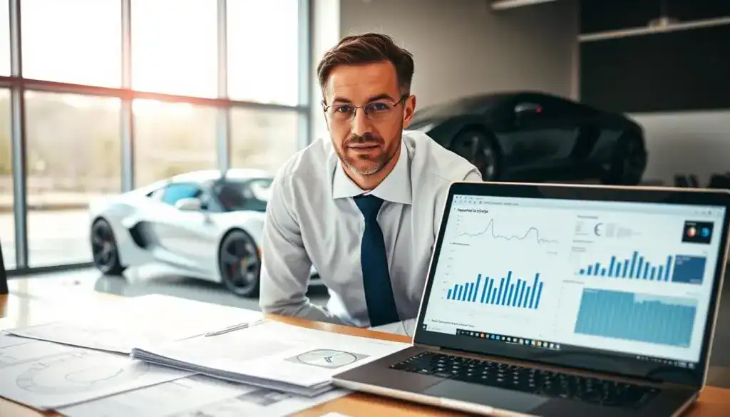 A professional automotive expert, wearing business attire, is assessing a car in a well-lit office environment. The foreground features a table filled with detailed car inspection reports, diagrams, and a laptop displaying data analytics. In the background, a sleek sports car is showcased, representing high-value assessments. The lighting is bright and natural, coming from large windows that highlight the expert's focused expression, conveying a sense of trust and expertise. The atmosphere is one of professionalism and precision, with clean lines and minimal clutter, emphasizing the importance of accurate vehicle evaluation in insurance claims. A professional automotive expert, wearing business attire, is assessing a car in a well-lit office environment. The foreground features a table filled with detailed car inspection reports, diagrams, and a laptop displaying data analytics. In the background, a sleek sports car is showcased, representing high-value assessments. The lighting is bright and natural, coming from large windows that highlight the expert's focused expression, conveying a sense of trust and expertise. The atmosphere is one of professionalism and precision, with clean lines and minimal clutter, emphasizing the importance of accurate vehicle evaluation in insurance claims.