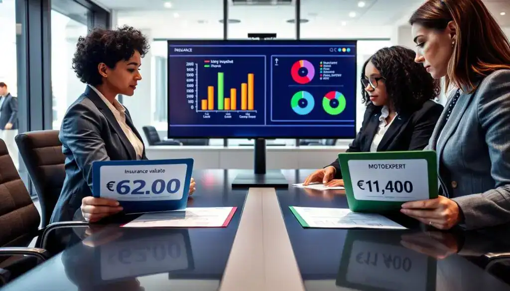 A professional business meeting scene comparing insurance quotes. In the foreground, a diverse group of three professionals in business attire, examining two documents on a sleek conference table. The document on the left, titled "Insurance Valuation: €6,200," is in a blue folder, while the document on the right, labeled "MOTOEXPERT: €11,400," is in a green folder. In the middle, a large digital screen displays graphical bars representing the valuation differences, with pie charts illustrating cost breakdowns. The background includes a modern office environment with large windows letting in natural light, creating a bright and focused atmosphere. The overall mood is analytical and serious, reflecting a corporate setting. A professional business meeting scene comparing insurance quotes. In the foreground, a diverse group of three professionals in business attire, examining two documents on a sleek conference table. The document on the left, titled "Insurance Valuation: €6,200," is in a blue folder, while the document on the right, labeled "MOTOEXPERT: €11,400," is in a green folder. In the middle, a large digital screen displays graphical bars representing the valuation differences, with pie charts illustrating cost breakdowns. The background includes a modern office environment with large windows letting in natural light, creating a bright and focused atmosphere. The overall mood is analytical and serious, reflecting a corporate setting.