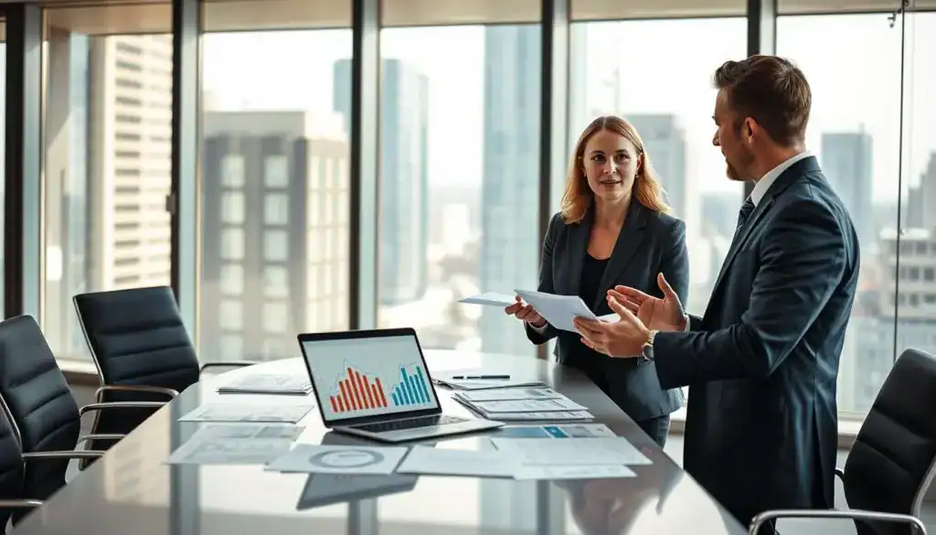 A professional business meeting scene depicting the advantages of higher valuations in car insurance. In the foreground, a well-dressed male and female insurance advisor are engaged in a discussion, highlighting key benefits using charts and graphs. In the middle, a sleek conference table covered with documents and a laptop displaying rising value metrics against a backdrop of a modern office with glass windows showcasing a cityscape. Soft natural lighting pours in from the windows, creating a bright and inviting atmosphere. The image should focus on the expressions of collaboration and success, emphasizing the strategic advantages of choosing a higher valuation. Use a wide-angle lens to capture the dynamics of the setting while maintaining a clear focus on the advisors. A professional business meeting scene depicting the advantages of higher valuations in car insurance. In the foreground, a well-dressed male and female insurance advisor are engaged in a discussion, highlighting key benefits using charts and graphs. In the middle, a sleek conference table covered with documents and a laptop displaying rising value metrics against a backdrop of a modern office with glass windows showcasing a cityscape. Soft natural lighting pours in from the windows, creating a bright and inviting atmosphere. The image should focus on the expressions of collaboration and success, emphasizing the strategic advantages of choosing a higher valuation. Use a wide-angle lens to capture the dynamics of the setting while maintaining a clear focus on the advisors.