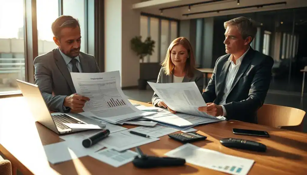 A professional business setting depicting a meeting between an insurance adjuster and a client. In the foreground, a middle-aged man in a tailored suit is reviewing a detailed damage assessment report, while a woman in smart casual clothing is attentively listening. In the middle ground, a large table is cluttered with various documents, a laptop displaying charts, and a calculator. The background features a modern office with large windows letting in warm sunlight, highlighting the atmosphere of collaboration and urgency. Soft shadows create a sense of depth, while the overall color scheme blends cool blues and warm earthy tones to convey a serious yet constructive mood. The scene should maintain a professional aesthetic without any distractions. A professional business setting depicting a meeting between an insurance adjuster and a client. In the foreground, a middle-aged man in a tailored suit is reviewing a detailed damage assessment report, while a woman in smart casual clothing is attentively listening. In the middle ground, a large table is cluttered with various documents, a laptop displaying charts, and a calculator. The background features a modern office with large windows letting in warm sunlight, highlighting the atmosphere of collaboration and urgency. Soft shadows create a sense of depth, while the overall color scheme blends cool blues and warm earthy tones to convey a serious yet constructive mood. The scene should maintain a professional aesthetic without any distractions.