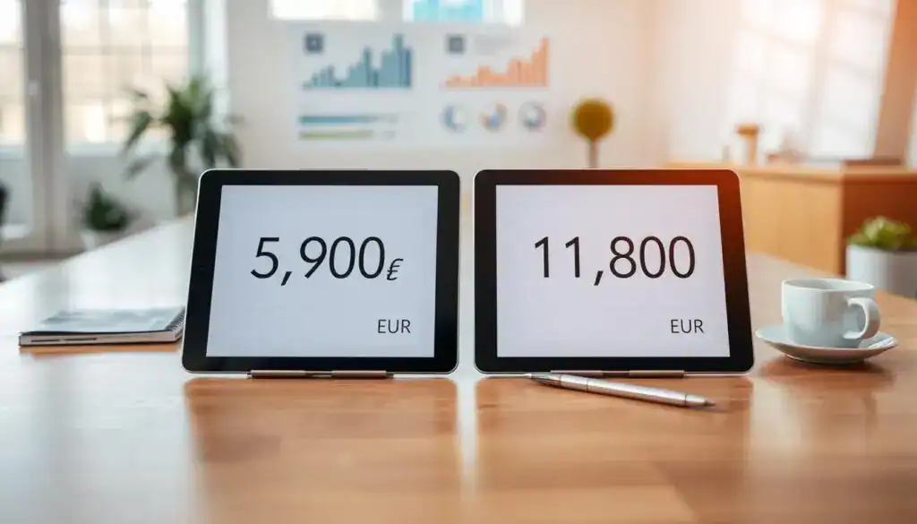 A professional comparison scene illustrating two insurance quotes side by side. In the foreground, a sleek digital tablet displaying the values: "5,900 EUR" on one side and "11,800 EUR" on the other, representing the distinct offerings. The middle ground features a clean, modern workspace with a polished wooden desk, a notepad and pen, and a coffee cup, conveying a professional atmosphere. In the background, soft-focus charts and graphics hint at data analysis, subtly reinforcing the evaluation theme. The lighting is bright and airy, with natural light streaming in from a large window, creating a welcoming mood. The overall atmosphere is focused and analytical, perfect for a business setting. A professional comparison scene illustrating two insurance quotes side by side. In the foreground, a sleek digital tablet displaying the values: "5,900 EUR" on one side and "11,800 EUR" on the other, representing the distinct offerings. The middle ground features a clean, modern workspace with a polished wooden desk, a notepad and pen, and a coffee cup, conveying a professional atmosphere. In the background, soft-focus charts and graphics hint at data analysis, subtly reinforcing the evaluation theme. The lighting is bright and airy, with natural light streaming in from a large window, creating a welcoming mood. The overall atmosphere is focused and analytical, perfect for a business setting.