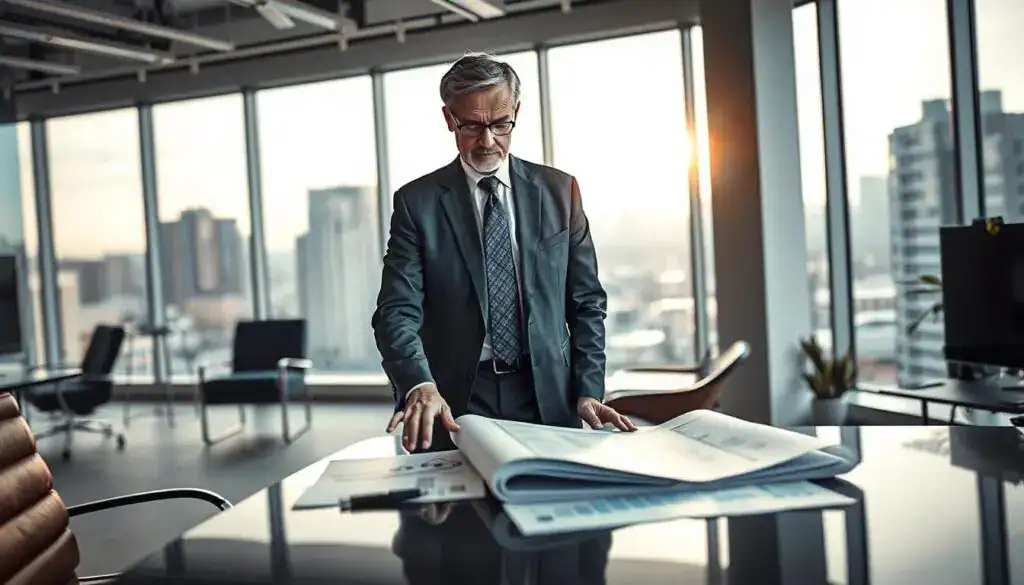 A professional, confident automotive appraiser named "MOTOEXPERT" stands in a modern office environment, showcasing expertise. In the foreground, include the appraiser, a middle-aged person in smart business attire, examining a detailed report on a sleek desk. In the middle, display car appraisal materials like blueprints and valuation charts. The background features large windows revealing a cityscape, with soft natural lighting illuminating the space, creating an air of professionalism and clarity. The mood should convey a sense of trust and expertise, emphasizing the importance of accurate vehicle valuation. The angle should be slightly elevated, capturing both the appraiser and the surrounding elements harmoniously. No text or watermarks in the image. A professional, confident automotive appraiser named "MOTOEXPERT" stands in a modern office environment, showcasing expertise. In the foreground, include the appraiser, a middle-aged person in smart business attire, examining a detailed report on a sleek desk. In the middle, display car appraisal materials like blueprints and valuation charts. The background features large windows revealing a cityscape, with soft natural lighting illuminating the space, creating an air of professionalism and clarity. The mood should convey a sense of trust and expertise, emphasizing the importance of accurate vehicle valuation. The angle should be slightly elevated, capturing both the appraiser and the surrounding elements harmoniously. No text or watermarks in the image.