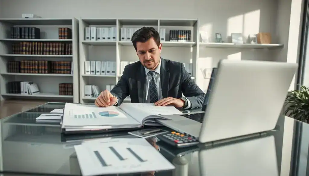 A professional consultant analyzing insurance claims in a modern office setting. In the foreground, a well-dressed individual, gender-neutral, scrutinizes documents on a sleek glass table, focused and determined. The middle ground features an open laptop displaying complex graphs and figures related to insurance estimates, with additional files and a calculator nearby. The background shows shelves filled with legal books and insurance brochures, well-organized and professional. Soft, natural light filters in through large windows, casting gentle shadows, enhancing the serious yet hopeful atmosphere. The angle is slightly elevated, providing a comprehensive view of the workspace, emphasizing the meticulousness of evaluating insurance values. A professional consultant analyzing insurance claims in a modern office setting. In the foreground, a well-dressed individual, gender-neutral, scrutinizes documents on a sleek glass table, focused and determined. The middle ground features an open laptop displaying complex graphs and figures related to insurance estimates, with additional files and a calculator nearby. The background shows shelves filled with legal books and insurance brochures, well-organized and professional. Soft, natural light filters in through large windows, casting gentle shadows, enhancing the serious yet hopeful atmosphere. The angle is slightly elevated, providing a comprehensive view of the workspace, emphasizing the meticulousness of evaluating insurance values.