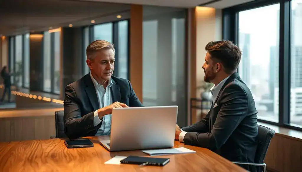 A professional insurance advisor sitting at a sleek wooden desk in a modern office, engaged in a detailed discussion with a client over a laptop displaying insurance options. The advisor, a middle-aged Caucasian male in a tailored suit, points to the screen, illustrating the differences in insurance valuations. In the background, a large window reveals a bustling cityscape, adding to the contemporary feel. Soft, warm lighting enhances the study environment, creating an inviting atmosphere. The focus is on the interaction between the advisor and the client, who appears intrigued and engaged, dressed in smart casual attire. The scene captures the essence of customer experiences in assessing insurance quotes, with an emphasis on professionalism and clarity. A professional insurance advisor sitting at a sleek wooden desk in a modern office, engaged in a detailed discussion with a client over a laptop displaying insurance options. The advisor, a middle-aged Caucasian male in a tailored suit, points to the screen, illustrating the differences in insurance valuations. In the background, a large window reveals a bustling cityscape, adding to the contemporary feel. Soft, warm lighting enhances the study environment, creating an inviting atmosphere. The focus is on the interaction between the advisor and the client, who appears intrigued and engaged, dressed in smart casual attire. The scene captures the essence of customer experiences in assessing insurance quotes, with an emphasis on professionalism and clarity.
