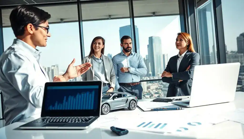 A professional insurance agent confidently discussing car insurance, set against a sleek modern office backdrop. In the foreground, a large desk covered with insurance documents, a laptop displaying data trends, and a car model as a visual representation of auto insurance. In the middle ground, two clients attentively listening, dressed in smart casual attire, with expressions of interest and curiosity. The background showcases a cityscape through large windows, symbolizing growth and opportunity. Bright, natural lighting conveys a sense of trust and professionalism, while a wide-angle lens captures the dynamic interaction and the surrounding elements, creating an inviting atmosphere. A professional insurance agent confidently discussing car insurance, set against a sleek modern office backdrop. In the foreground, a large desk covered with insurance documents, a laptop displaying data trends, and a car model as a visual representation of auto insurance. In the middle ground, two clients attentively listening, dressed in smart casual attire, with expressions of interest and curiosity. The background showcases a cityscape through large windows, symbolizing growth and opportunity. Bright, natural lighting conveys a sense of trust and professionalism, while a wide-angle lens captures the dynamic interaction and the surrounding elements, creating an inviting atmosphere.