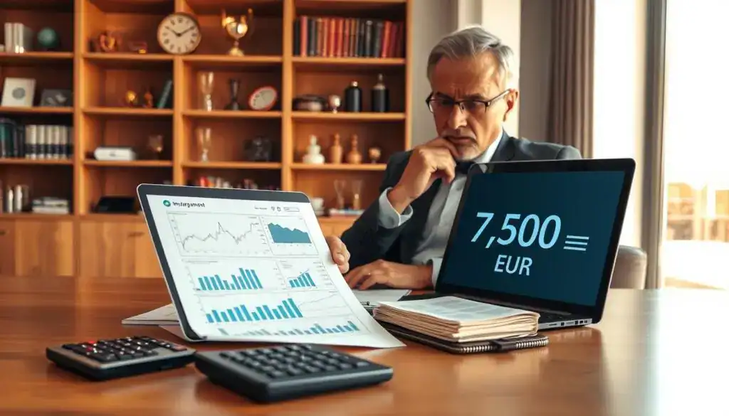 A professional insurance agent seated at a modern desk, analyzing detailed financial documents displaying "7,500 EUR" prominently. The foreground features a laptop with financial graphs on the screen, alongside a calculator and a notepad filled with notes. The middle ground captures the agent, a middle-aged individual wearing a smart suit, thoughtfully examining the documents under warm, natural lighting. The background includes a contemporary office with shelves of books and awards, creating an atmosphere of credibility and expertise. The overall mood is focused and professional, emphasizing the seriousness of the insurance appraisal process, with an emphasis on clarity and the importance of financial health in insurance discussions. A professional insurance agent seated at a modern desk, analyzing detailed financial documents displaying "7,500 EUR" prominently. The foreground features a laptop with financial graphs on the screen, alongside a calculator and a notepad filled with notes. The middle ground captures the agent, a middle-aged individual wearing a smart suit, thoughtfully examining the documents under warm, natural lighting. The background includes a contemporary office with shelves of books and awards, creating an atmosphere of credibility and expertise. The overall mood is focused and professional, emphasizing the seriousness of the insurance appraisal process, with an emphasis on clarity and the importance of financial health in insurance discussions.