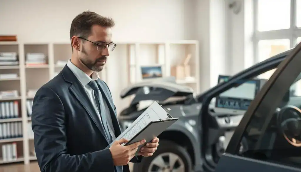 A professional insurance appraiser, wearing a smart business suit, is examining a damaged vehicle in a well-lit office environment. The foreground features a close-up of the appraiser, focused and analytical, holding a clipboard with data on vehicle valuation. In the middle, the partially damaged car is showcased, highlighting key areas of impact for assessment. The background includes shelves filled with automotive reference books and a computer displaying valuation software, creating an organized and professional atmosphere. Soft, natural lighting streams in from a window, adding a warm and inviting tone to the workspace. The overall mood is serious yet constructive, emphasizing the crucial role of the appraiser in determining vehicle damage values. A professional insurance appraiser, wearing a smart business suit, is examining a damaged vehicle in a well-lit office environment. The foreground features a close-up of the appraiser, focused and analytical, holding a clipboard with data on vehicle valuation. In the middle, the partially damaged car is showcased, highlighting key areas of impact for assessment. The background includes shelves filled with automotive reference books and a computer displaying valuation software, creating an organized and professional atmosphere. Soft, natural lighting streams in from a window, adding a warm and inviting tone to the workspace. The overall mood is serious yet constructive, emphasizing the crucial role of the appraiser in determining vehicle damage values.