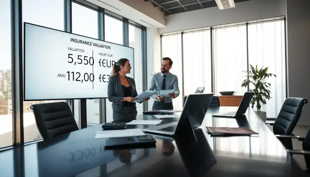 A professional, modern office environment showcasing an insurance valuation scenario. In the foreground, a confident businesswoman in professional attire discusses documents with a male colleague, both focused on a large screen displaying comparative valuation figures, with "5,300 EUR" and "12,000 EUR" highlighted. In the middle, a sleek conference table with laptops, papers, and a calculator, reflecting a serious atmosphere of negotiation and analysis. The background features large windows with natural light flooding in, casting soft shadows, creating an inviting yet professional mood. The camera angle is slightly elevated, capturing the collaboration and intensity as the characters evaluate crucial financial decisions, emphasizing the importance of accurate valuation in insurance. A professional, modern office environment showcasing an insurance valuation scenario. In the foreground, a confident businesswoman in professional attire discusses documents with a male colleague, both focused on a large screen displaying comparative valuation figures, with "5,300 EUR" and "12,000 EUR" highlighted. In the middle, a sleek conference table with laptops, papers, and a calculator, reflecting a serious atmosphere of negotiation and analysis. The background features large windows with natural light flooding in, casting soft shadows, creating an inviting yet professional mood. The camera angle is slightly elevated, capturing the collaboration and intensity as the characters evaluate crucial financial decisions, emphasizing the importance of accurate valuation in insurance.