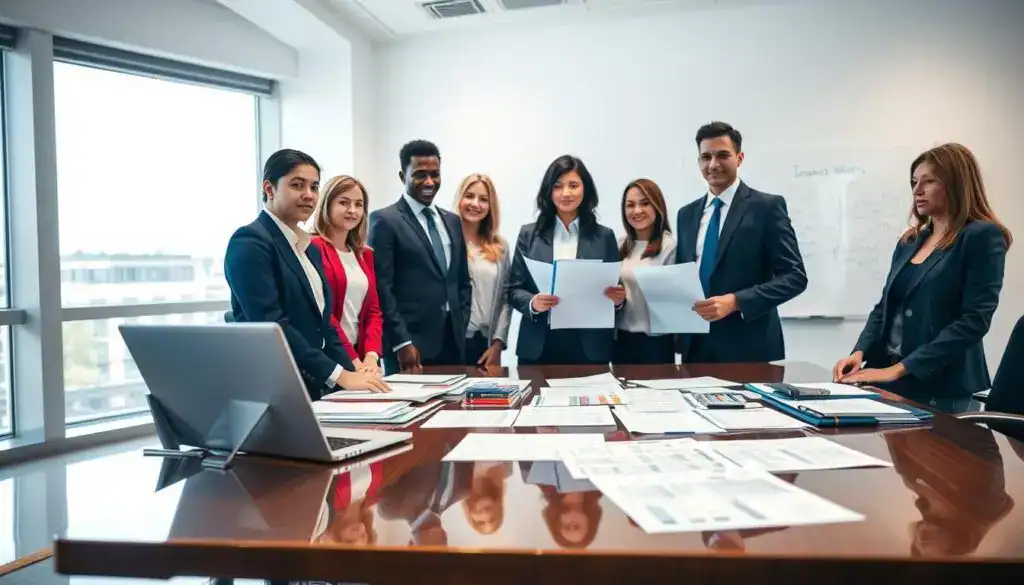 A professional office environment depicting insurance valuation research. In the foreground, a diverse group of professionals, dressed in smart business attire, are gathered around a polished conference table filled with paperwork and a laptop displaying financial charts. The middle ground features a large window with natural light streaming in, illuminating the room's modern design. In the background, a whiteboard with diagrams and notes on insurance assessments is visible. The atmosphere is focused and serious, emphasizing analytical discussions about property insurance claims evaluation. The lighting is bright, creating a clear and optimistic mood that reflects collaboration and diligence in the field of property insurance. A professional office environment depicting insurance valuation research. In the foreground, a diverse group of professionals, dressed in smart business attire, are gathered around a polished conference table filled with paperwork and a laptop displaying financial charts. The middle ground features a large window with natural light streaming in, illuminating the room's modern design. In the background, a whiteboard with diagrams and notes on insurance assessments is visible. The atmosphere is focused and serious, emphasizing analytical discussions about property insurance claims evaluation. The lighting is bright, creating a clear and optimistic mood that reflects collaboration and diligence in the field of property insurance.