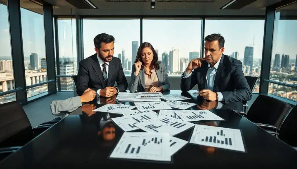 A professional office setting depicting a tense negotiation scenario. In the foreground, a diverse group of three business professionals—two men in suits and one woman in a smart blouse—are reviewing documents on a sleek conference table. Their expressions convey concern and confusion, with one man gesturing emphatically. In the middle, several papers with confusing graphs and conflicting figures are scattered around, symbolizing valuation discrepancies. The background features a modern office with large windows letting in natural light, casting sharp shadows, and a city skyline visible outside, enhancing the atmosphere of urgency and challenge. The overall mood is serious and contemplative, highlighting the complexities of achieving a fair valuation. A professional office setting depicting a tense negotiation scenario. In the foreground, a diverse group of three business professionals—two men in suits and one woman in a smart blouse—are reviewing documents on a sleek conference table. Their expressions convey concern and confusion, with one man gesturing emphatically. In the middle, several papers with confusing graphs and conflicting figures are scattered around, symbolizing valuation discrepancies. The background features a modern office with large windows letting in natural light, casting sharp shadows, and a city skyline visible outside, enhancing the atmosphere of urgency and challenge. The overall mood is serious and contemplative, highlighting the complexities of achieving a fair valuation.