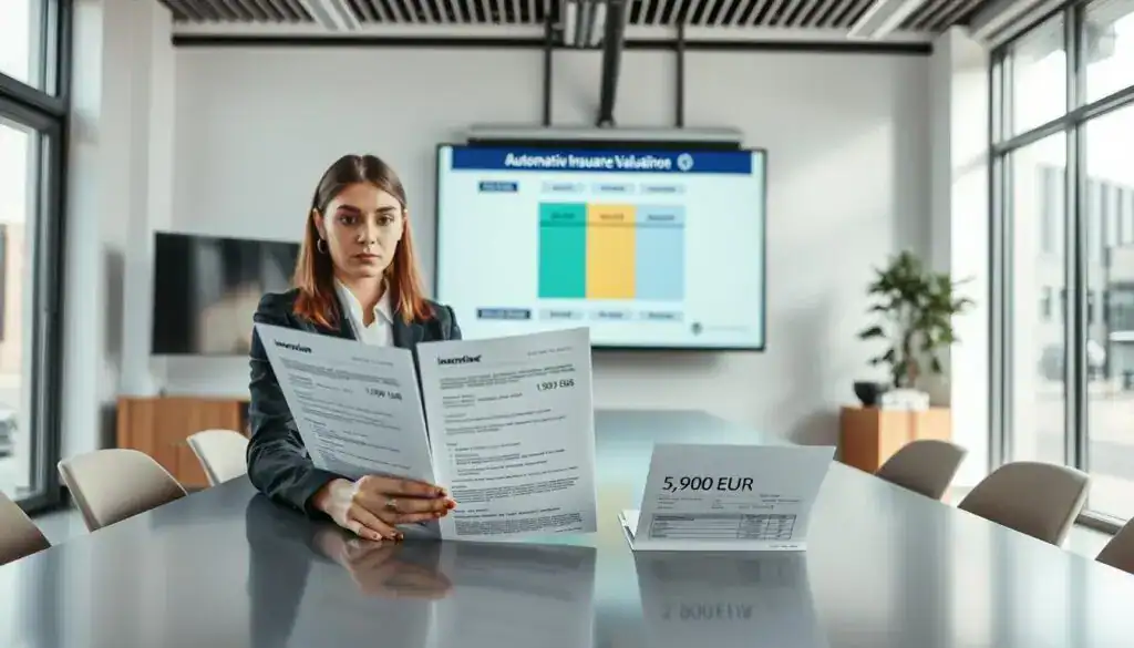 A professional office setting focused on automotive insurance valuation concepts. In the foreground, a confident businesswoman in business attire is examining two distinct insurance quote documents, one labeled 5,900 EUR and the other 11,800 EUR, placed on a sleek conference table. In the middle ground, a modern presentation screen displays a detailed comparison chart highlighting differences in insurance assessments. The background features a contemporary office with minimalistic décor, large windows allowing natural light to flood the space, casting soft shadows. The atmosphere is serious yet collaborative, suggesting a thorough analysis. The angle is slightly above eye level, giving a comprehensive view of the scene while maintaining focus on the documents and the businesswoman's expressions of engagement and determination. A professional office setting focused on automotive insurance valuation concepts. In the foreground, a confident businesswoman in business attire is examining two distinct insurance quote documents, one labeled 5,900 EUR and the other 11,800 EUR, placed on a sleek conference table. In the middle ground, a modern presentation screen displays a detailed comparison chart highlighting differences in insurance assessments. The background features a contemporary office with minimalistic décor, large windows allowing natural light to flood the space, casting soft shadows. The atmosphere is serious yet collaborative, suggesting a thorough analysis. The angle is slightly above eye level, giving a comprehensive view of the scene while maintaining focus on the documents and the businesswoman's expressions of engagement and determination.