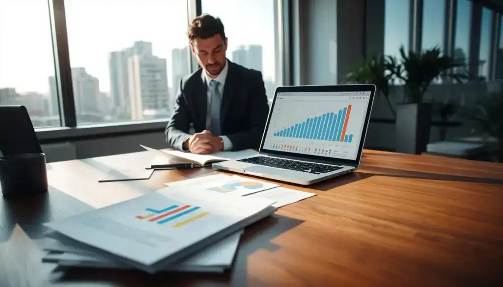 A professional office setting focused on the topic of vehicle damage assessment. In the foreground, a wooden desk with neatly organized documents and a laptop displaying graphs related to vehicle damage valuations. In the middle, a business professional in smart attire, looking over paperwork with a focused expression. In the background, a large window showcasing a cityscape, allowing natural light to illuminate the scene, creating a bright and optimistic atmosphere. Soft shadows are cast across the desk, enhancing the depth of the image. The overall mood is serious yet constructive, emphasizing the importance of proper documentation in vehicle damage assessment.