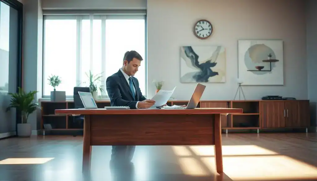 A professional office setting focusing on the process of damage assessment and insurance claims. In the foreground, a well-dressed insurance adjuster examines a set of documents on a sleek wooden desk, with a laptop and a calculator visible. The middle ground features a large window with soft natural light streaming in, casting gentle shadows on the floor. A wall clock shows the time, symbolizing the urgency of the claims process. In the background, an abstract artwork representing financial balance hangs on the wall. The atmosphere is serious yet hopeful, reflecting the meticulous and thorough approach required for obtaining compensation. The color palette consists of warm neutrals with hints of blue, creating a calm and professional vibe, shot from a slightly elevated angle to capture the entire scene. A professional office setting focusing on the process of damage assessment and insurance claims. In the foreground, a well-dressed insurance adjuster examines a set of documents on a sleek wooden desk, with a laptop and a calculator visible. The middle ground features a large window with soft natural light streaming in, casting gentle shadows on the floor. A wall clock shows the time, symbolizing the urgency of the claims process. In the background, an abstract artwork representing financial balance hangs on the wall. The atmosphere is serious yet hopeful, reflecting the meticulous and thorough approach required for obtaining compensation. The color palette consists of warm neutrals with hints of blue, creating a calm and professional vibe, shot from a slightly elevated angle to capture the entire scene.