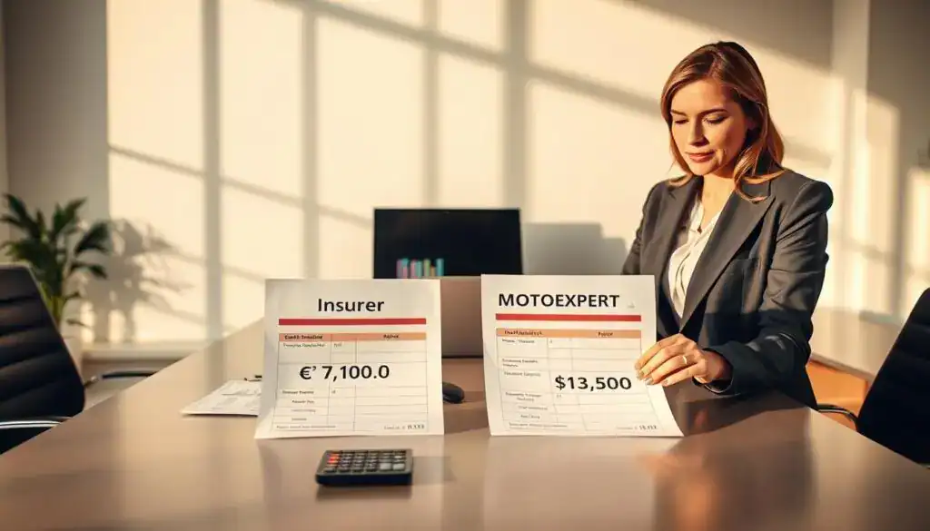 A professional office setting for a cost-benefit comparison on insurance valuations. In the foreground, a confident businesswoman in professional attire examines two contrasting valuation documents: one labeled "Insurer €7,100" and the other "MOTOEXPERT €13,500", spread on a sleek conference table. The middle ground features a well-organized workspace with a laptop, a calculator, and charts displaying comparison data. In the background, a large window with soft natural light streaming in, casting gentle shadows across the room. The atmosphere is analytical and focused, encouraging a sense of careful examination and decision-making. The composition uses warm tones to create an inviting, yet professional mood, captured from a slightly elevated angle for clarity. A professional office setting for a cost-benefit comparison on insurance valuations. In the foreground, a confident businesswoman in professional attire examines two contrasting valuation documents: one labeled "Insurer €7,100" and the other "MOTOEXPERT €13,500", spread on a sleek conference table. The middle ground features a well-organized workspace with a laptop, a calculator, and charts displaying comparison data. In the background, a large window with soft natural light streaming in, casting gentle shadows across the room. The atmosphere is analytical and focused, encouraging a sense of careful examination and decision-making. The composition uses warm tones to create an inviting, yet professional mood, captured from a slightly elevated angle for clarity.